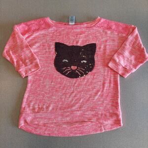 Total Girl Shirt Kids Size Medium Black Sequins Cat 3/4 Sleeve Tee